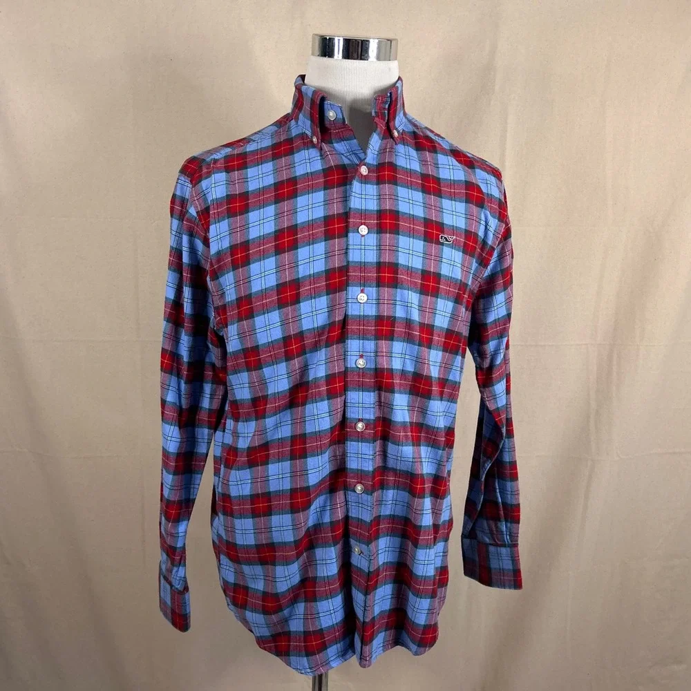 Vineyard Vines Medium Classic Fit Whale Shirt Blue Red Plaid Flannel Cotton Mens